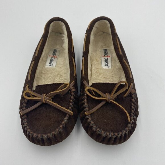 Minnetonka Slipper Moccasins Womens 7 Brown Cally Bow Suede Faux Fur Casual 4049 - Picture 1 of 6